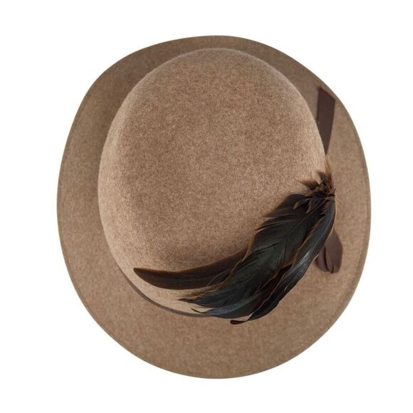 Vintage Knox Custom Felt Fedora Hat with Feather Accent Tan Wool Made in USA - Picture 4 of 10